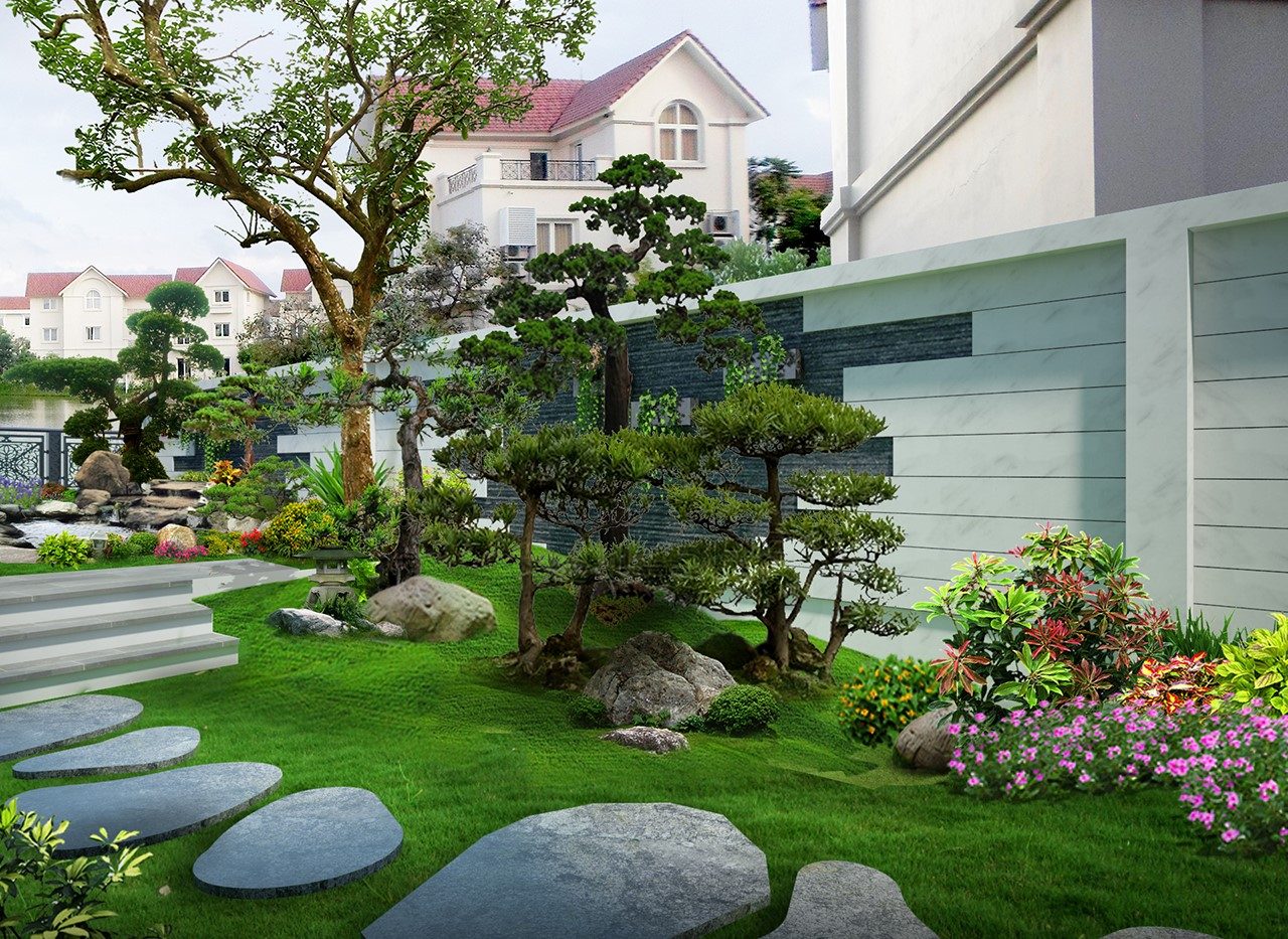 Thiết kế lối đi trong sân vườn bằng đá cuội đá sỏi cỏ và nước đơn giản